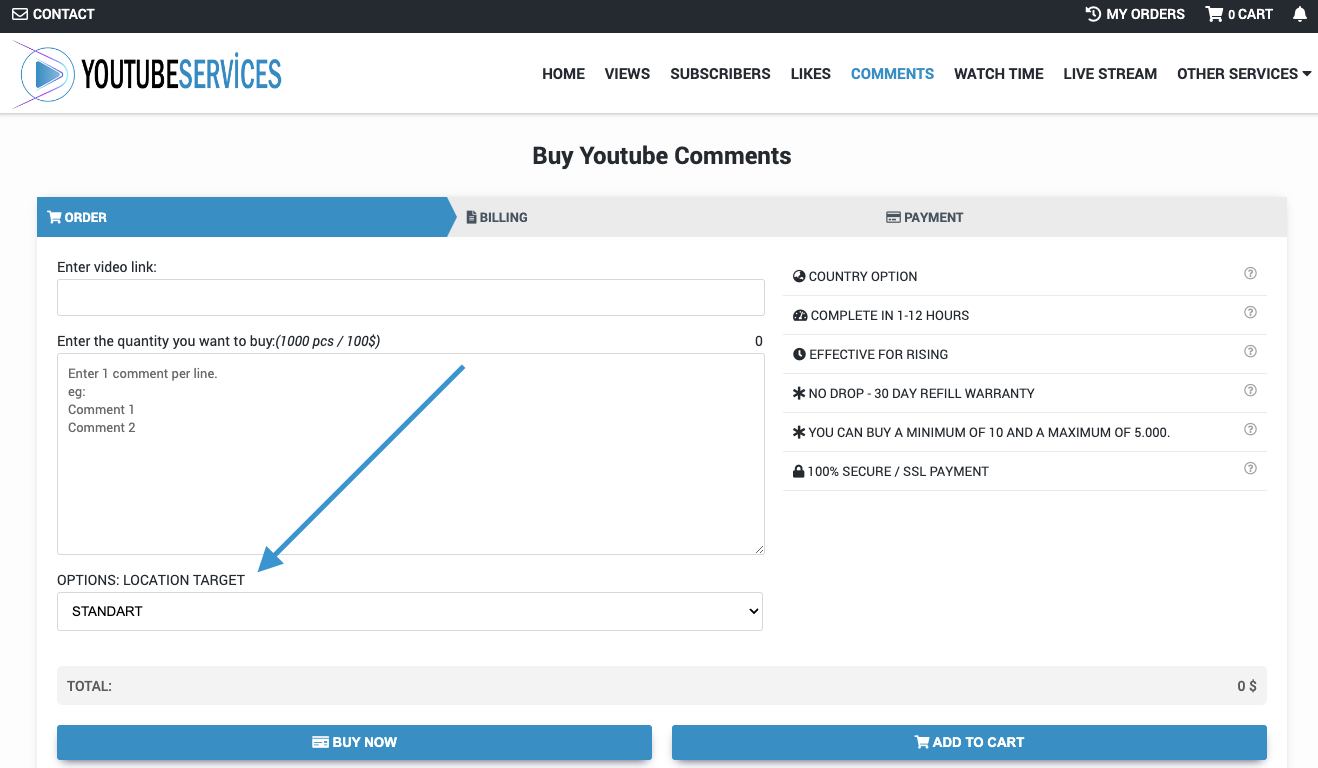 youtube comment location target options